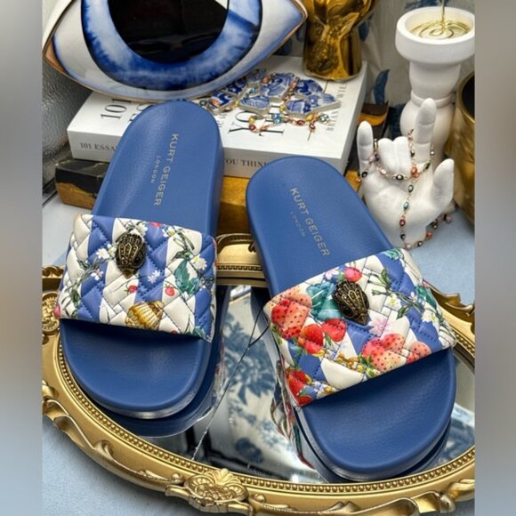 🆕 KURT GEIGER LONDON 🧿 NWOT Meena Eagle Blue Botanica Pool Slide, Sz 37 US 7 - Picture 4 of 12
